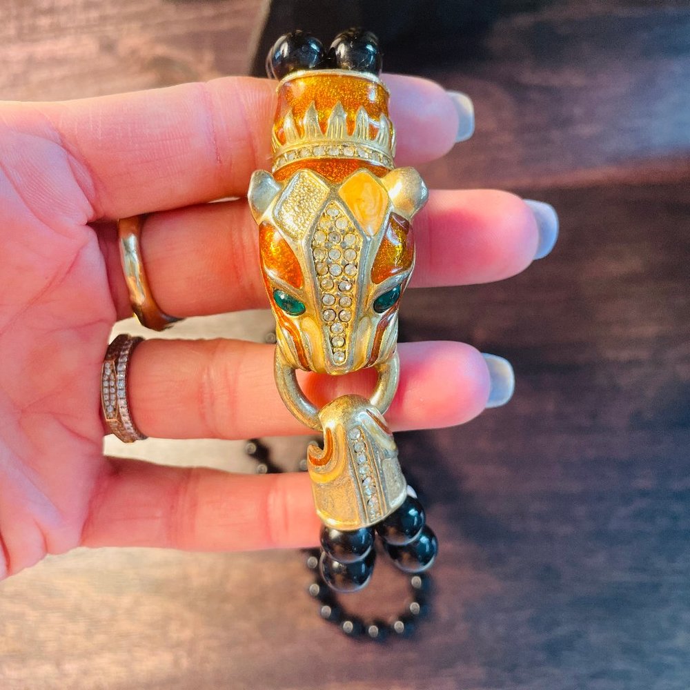 Vintage Double-Strand Beaded Necklace with Enamel Panther Clasp AMAZING